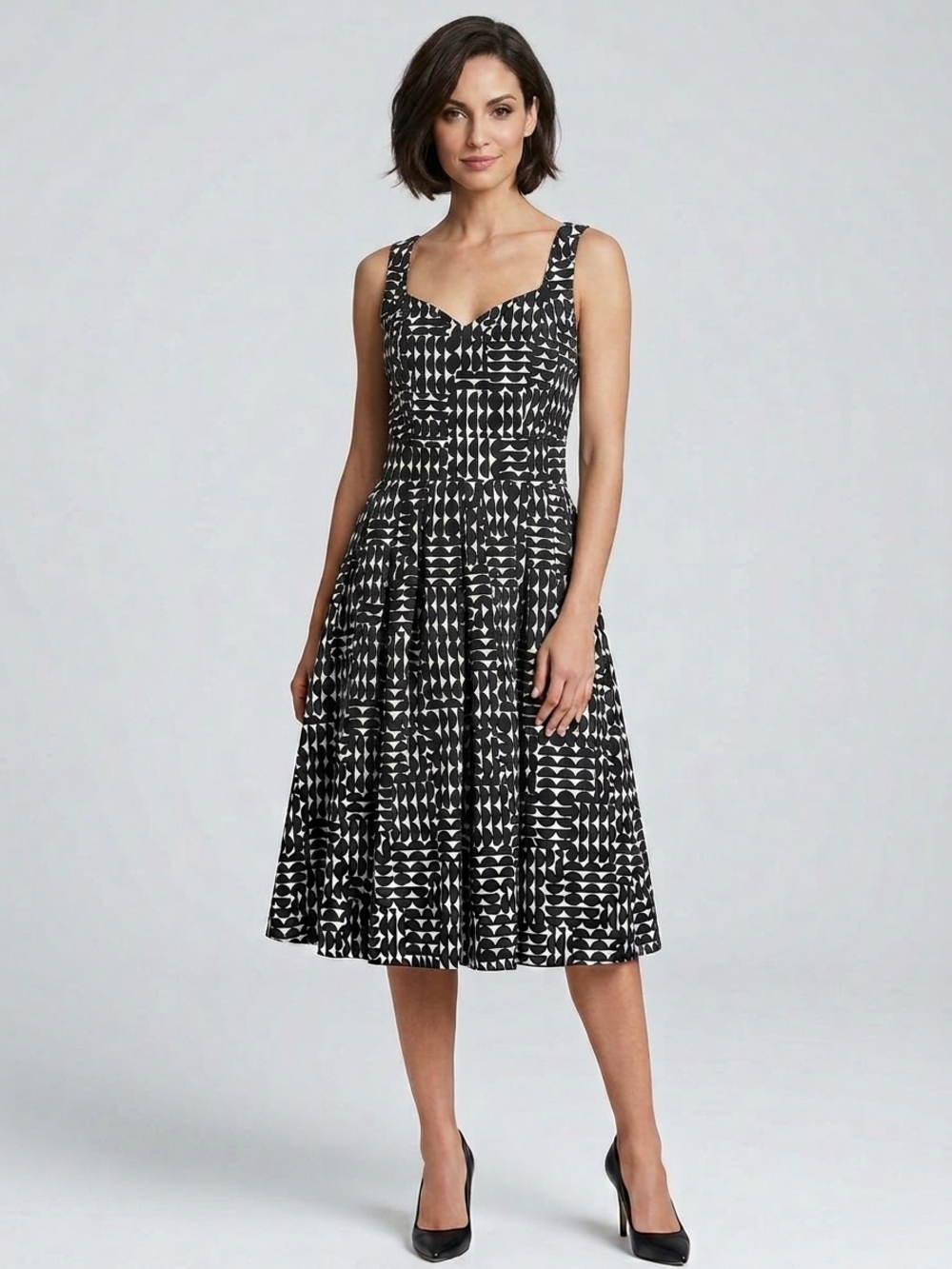 Calvin Klein Black and White Geometric Fit-and-Flare Midi Dress